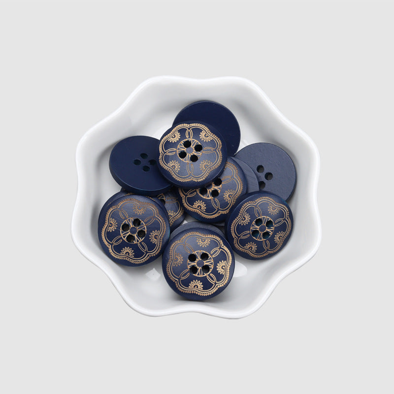 Round 4 Hole Black Baking Finish Laser Carved Vintage Pattern Poplar Wood Buttons 30pcs #1