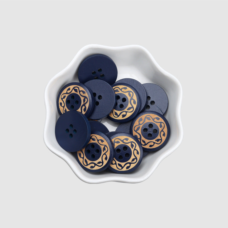 Round 4 Hole Black Baking Finish Laser Carved Vintage Pattern Poplar Wood Buttons 30pcs #2
