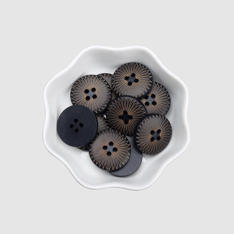 Round 4 Hole Black Baking Finish Laser Carved Vintage Pattern Poplar Wood Buttons 30pcs #3