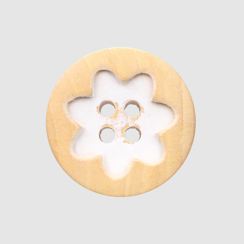 15/20mm Round Distressed 4-Hole Painted Poplar Wood Buttons with Floral Pattern 30pcs White
