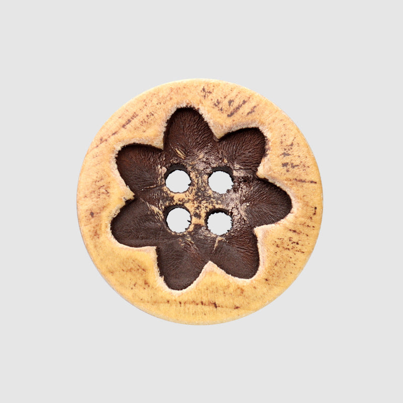 15/20mm Round Distressed 4-Hole Painted Poplar Wood Buttons with Floral Pattern 30pcs Coffee