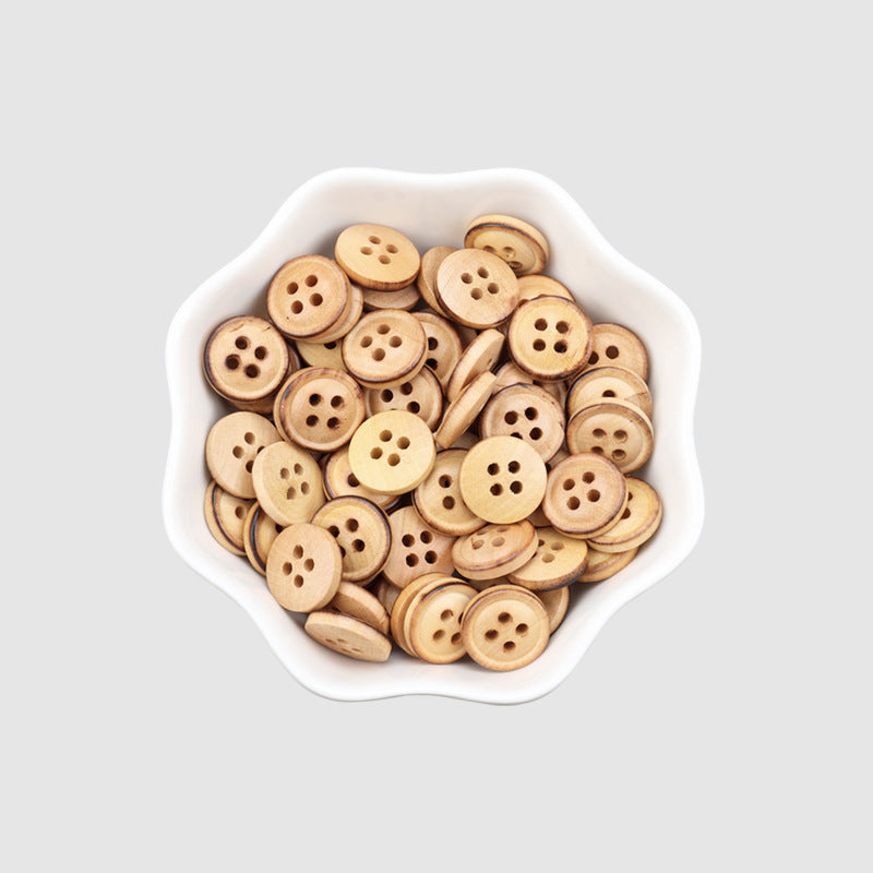 11.5mm Round 4 Hole Poplar Wood Buttons with Fire-Burned Edges 60pcs
