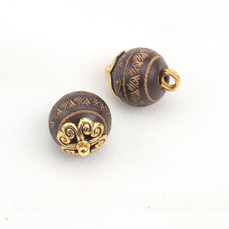 10mm Baking Finish Laser-Carved Pattern Wood Bead Buttons with Metal Shanks 20pcs Coffee