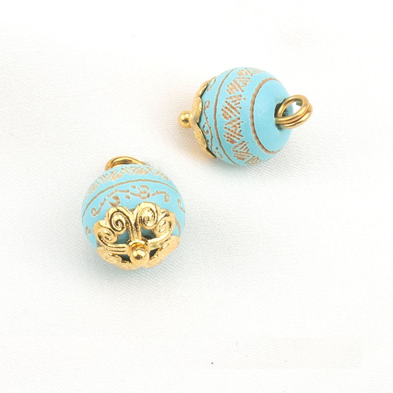 10mm Baking Finish Laser-Carved Pattern Wood Bead Buttons with Metal Shanks 20pcs Sky Blue