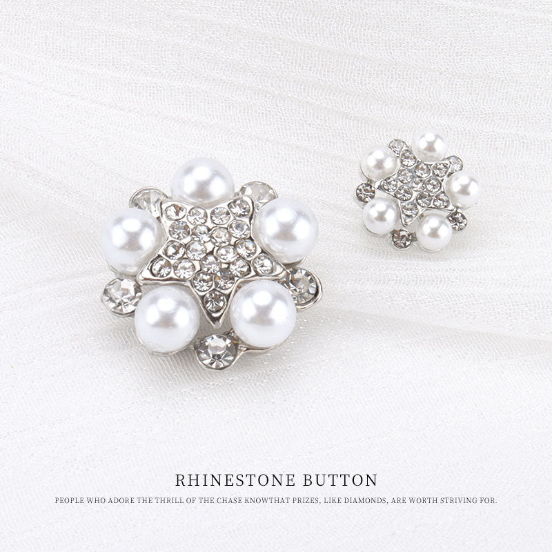 Silver Five-Pointed Star Pearl Rhinestone Metal Button 6pcs
