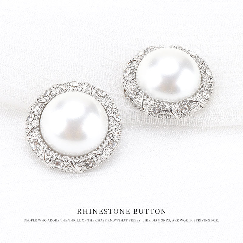 15mm Round Edged Rhinestone Silver Pearl Metal Shank Button 6pcs