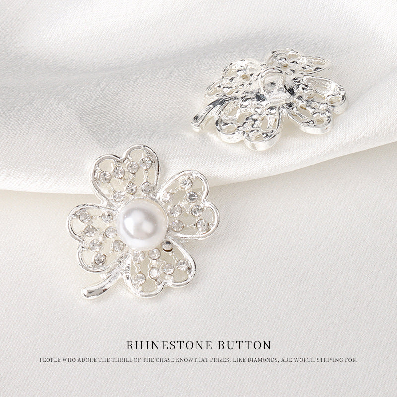 22mm Metal Pearl Rhinestone Decorative Diamond Floral Button 6pcs Silver