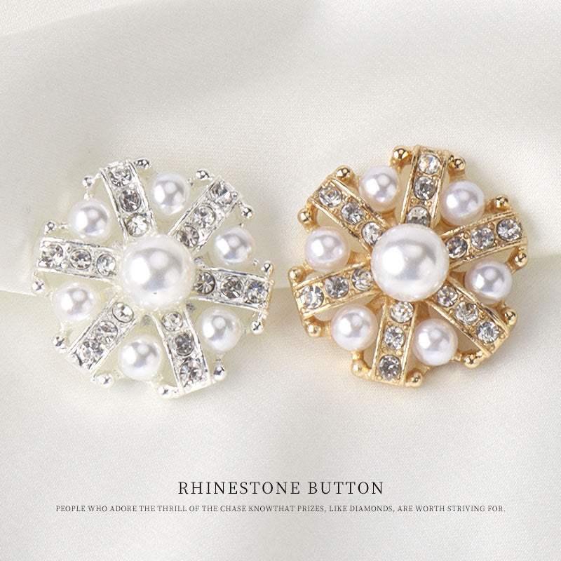 1 Inch Gold Silver Metal Rhinestone Pearl Button with Shank 6pcs