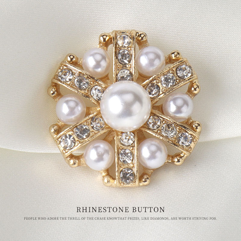 1 Inch Gold Silver Metal Rhinestone Pearl Button with Shank 6pcs Gold