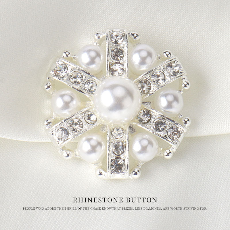 1 Inch Gold Silver Metal Rhinestone Pearl Button with Shank 6pcs Silver