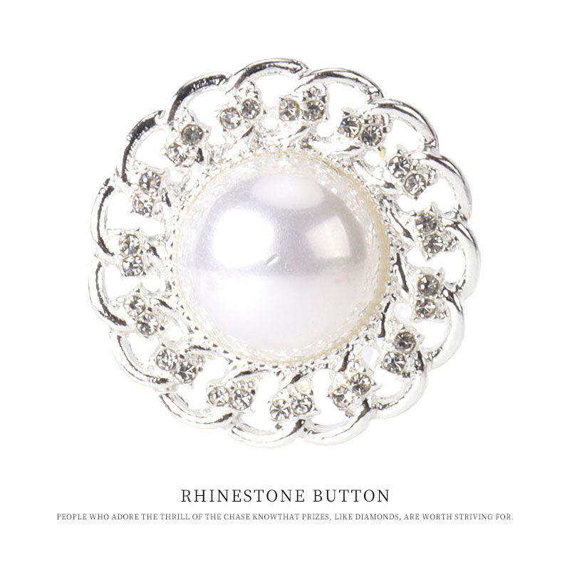 1.06 inch Gold Silver Round Metal Pearl Rhinestone Button 6pcs Silver