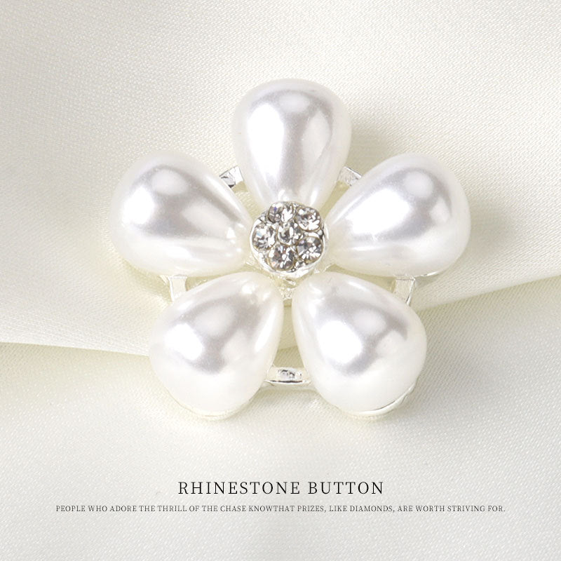 0.9inch Pearl Flower Rhinestone Button Metal Base with Shank 6pcs Silver
