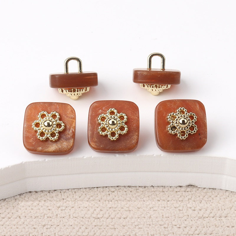 10mm Chinese Style Square Resin Buttons with Metal Shanks 20pcs Brown