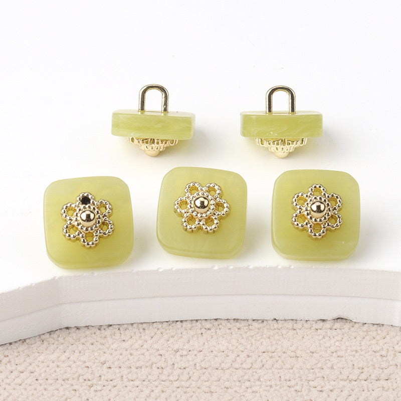 10mm Chinese Style Square Resin Buttons with Metal Shanks 20pcs Green
