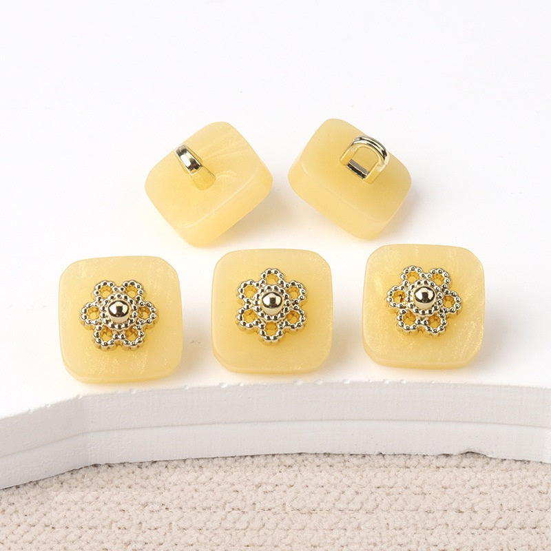 10mm Chinese Style Square Resin Buttons with Metal Shanks 20pcs Yellow