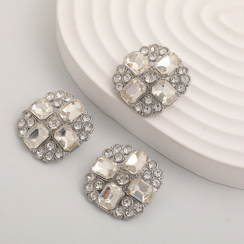 23mm Noble Square Crystal Diamonds Silver Metal Button 5pcs