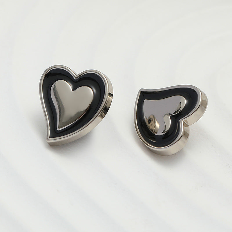 11mm Heart-Shaped Black Oil-Dipped Silver Metal Button 20pcs