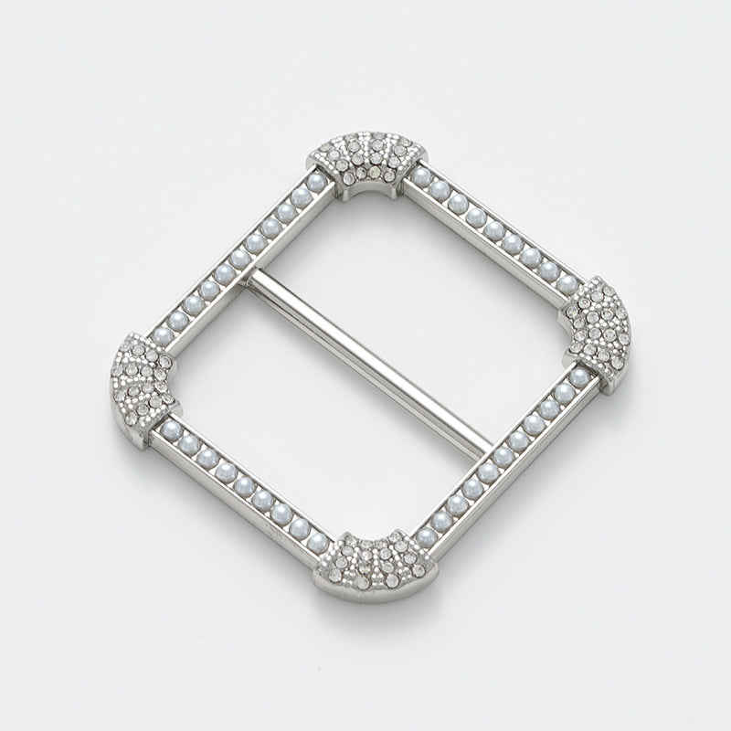 30mm Square Decorative Buckle with Pearl and Rhinestone 2pcs Silver