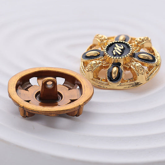Letter M Vintage Gold Round Pattern Hollow Metal Button 6pcs