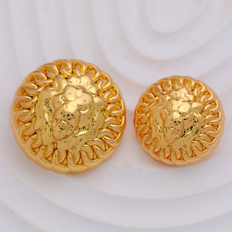 Retro Trendy Round Metal Button with Lion Head Pattern 6pcs Shinny Gold