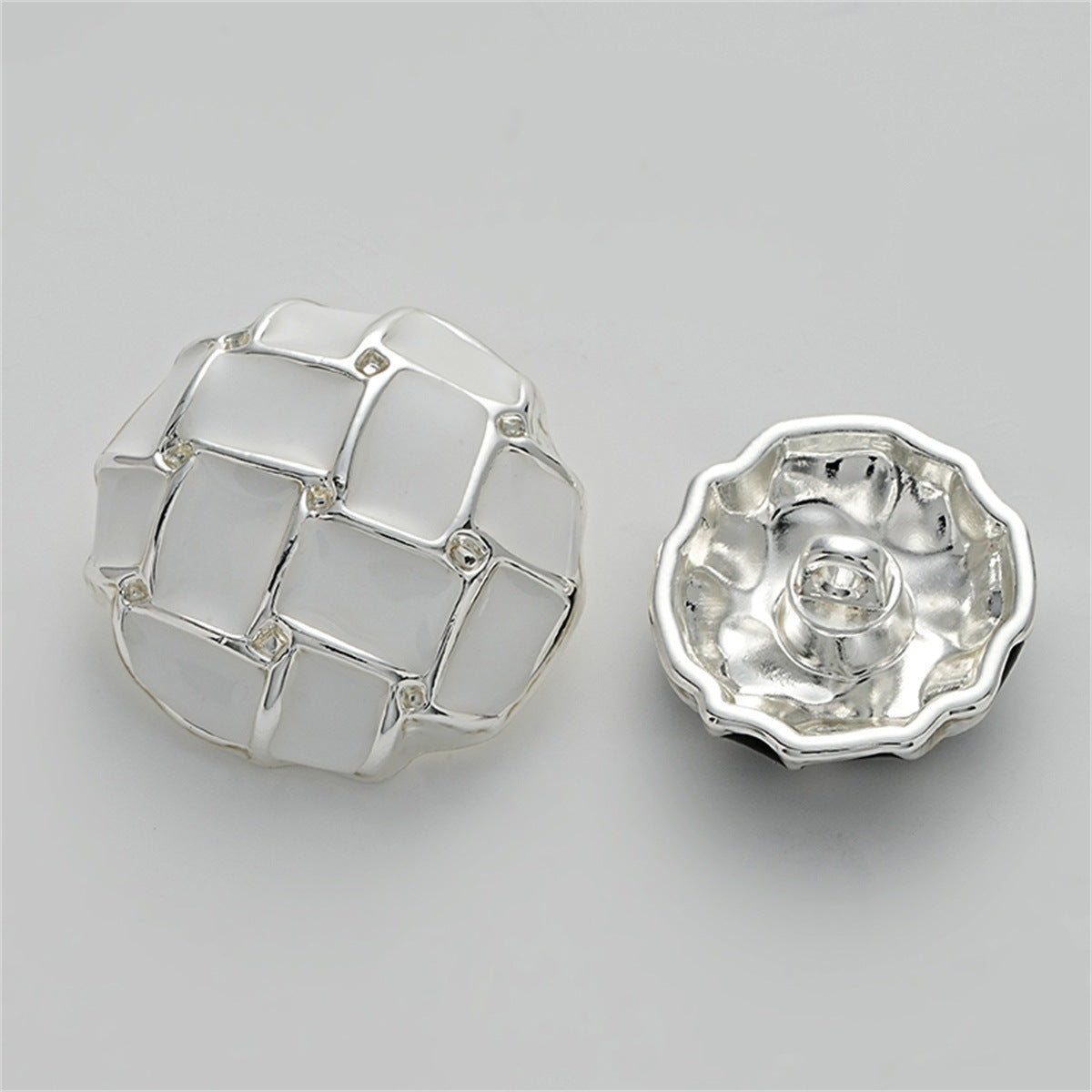 Black White Grid Epoxy Mushroom Diamond Metal Button 5pcs White Silver