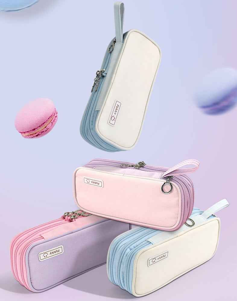 Macaron Color Canvas Triple-Layer Pencil Case