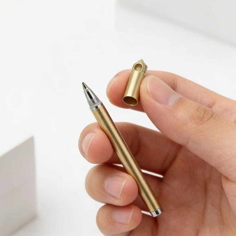 Mini Brass Ballpoint Pen | 0.5mm Black Ink | 8cm Pocket EDC Pen | Includes 2 Refills & Ring Clip