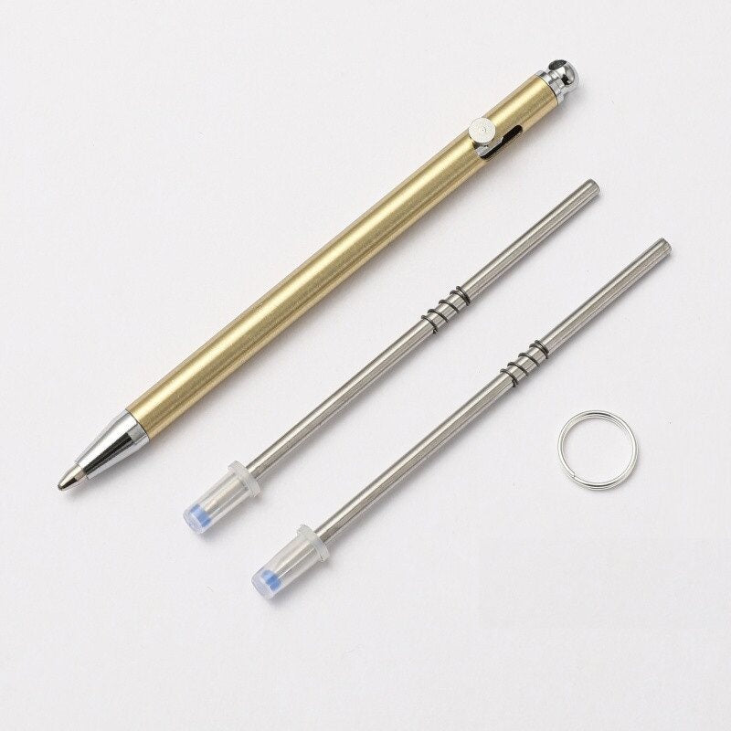 Mini Brass Bolt-Action Ballpoint Pen | 86mm EDC Pocket Pen | Includes 2 Refills & Ring Brass
