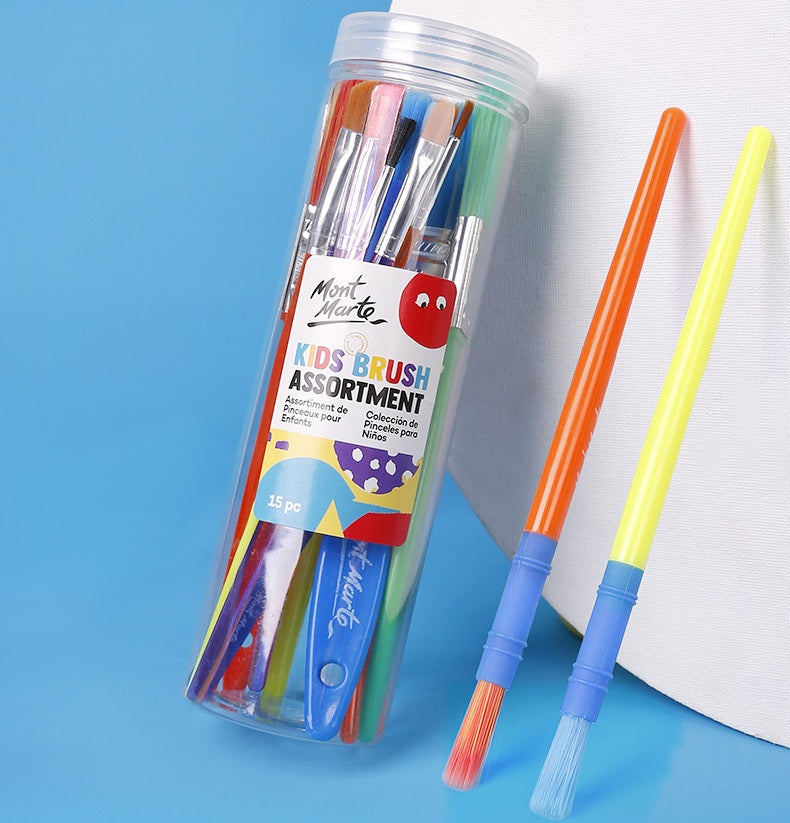 Mont Marte Kids Brush Assortment | 15-Piece Colorful Nylon Paint Brush Set for Children