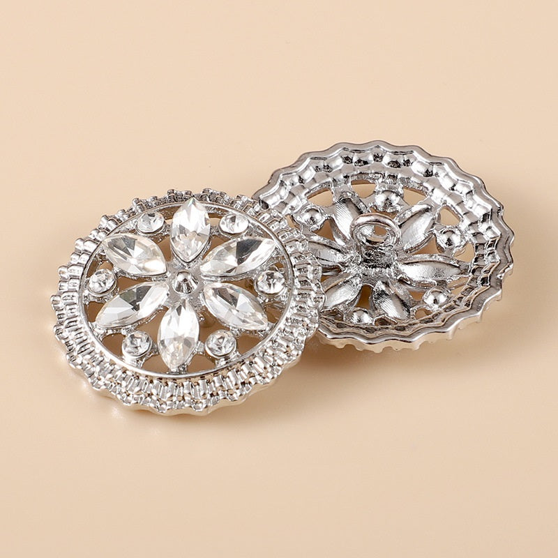 20-28mm Round Flower Rhinestone Metal Shank Buttons 10pcs Silver
