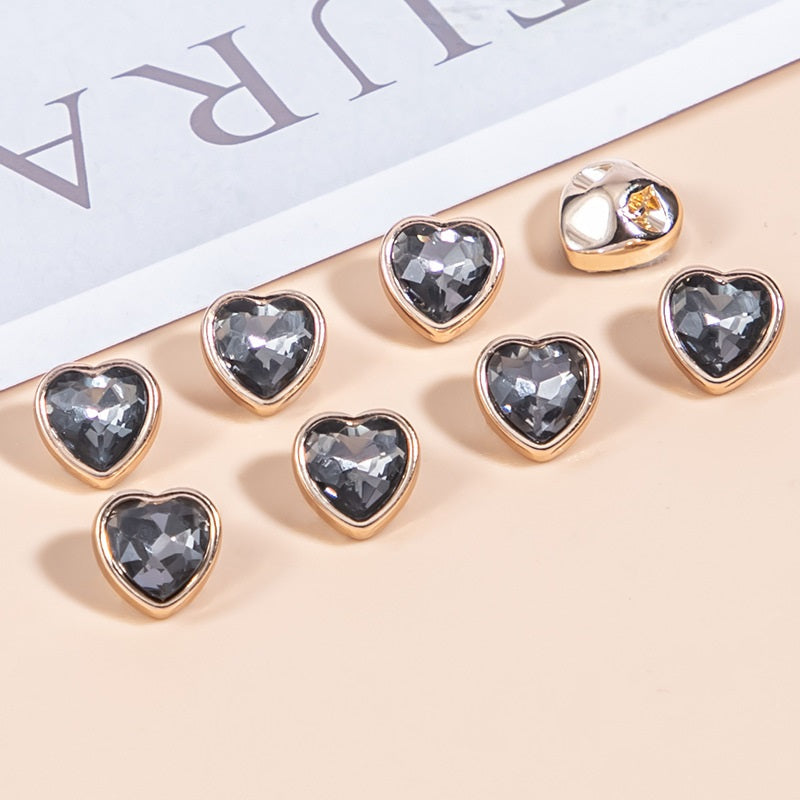 10mm Heart-Shaped Crystal Glass and Metal Shirt Buttons 35 Pack