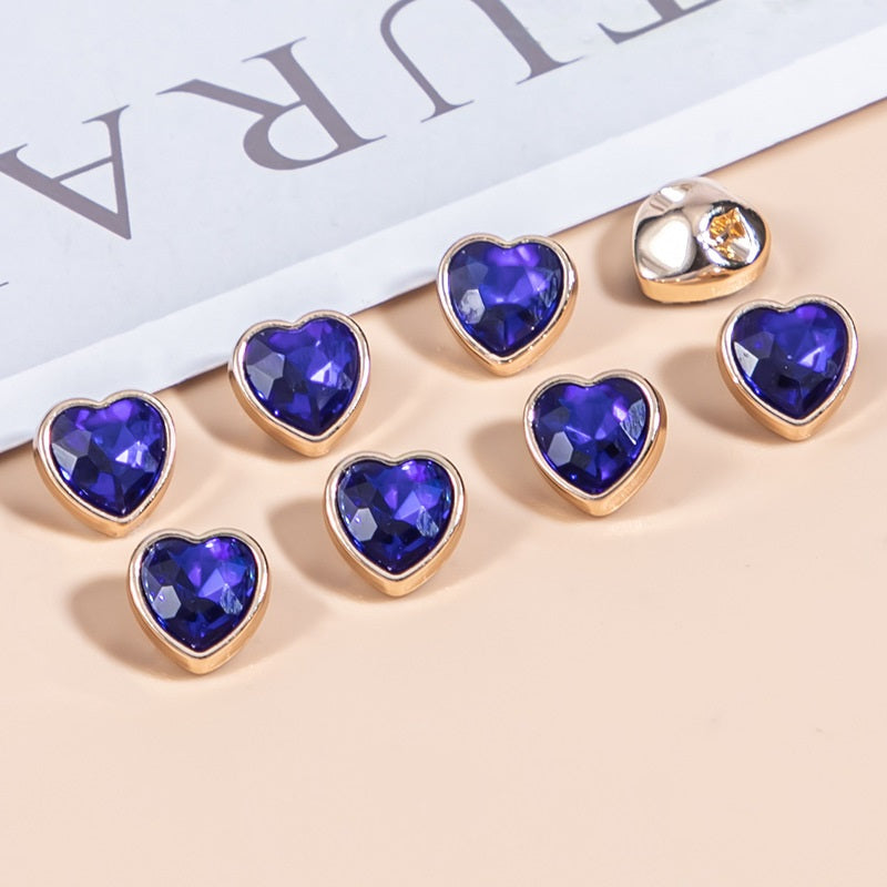 10mm Heart-Shaped Crystal Glass and Metal Shirt Buttons 35 Pack