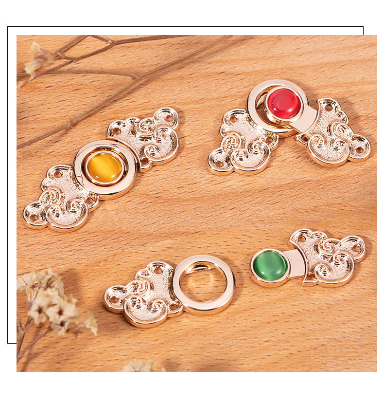 Chinese Antique Cloud Cat's Eye Stone Metal Buttons 8 Pack