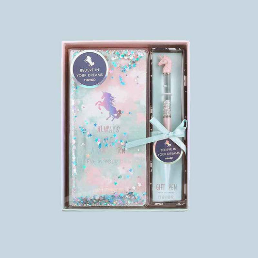 NEVER Weekly Planner & Gel Pen Gift Set - Glitter Quicksand Cover Unicorn