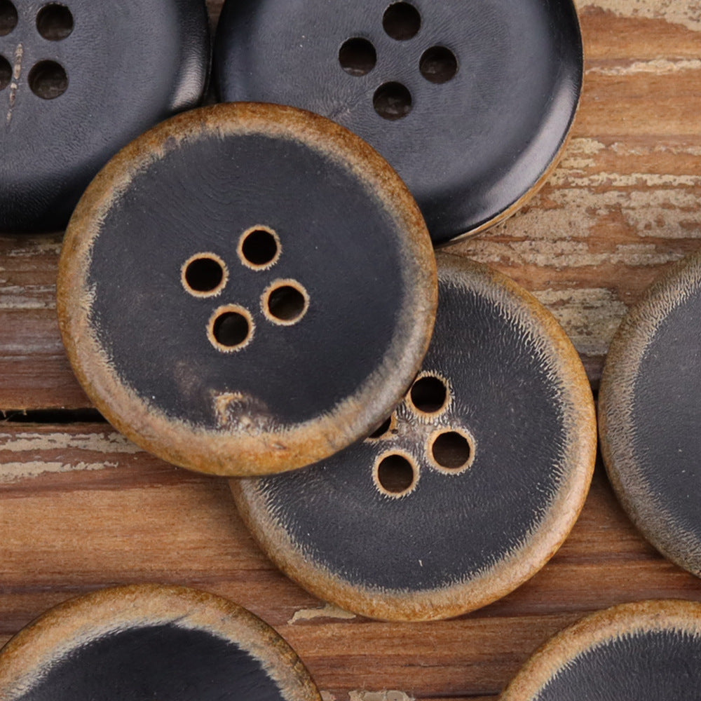 Vintage Bowl-Shaped Four-Hole Black Burnished Horn Buttons 25 Pack A