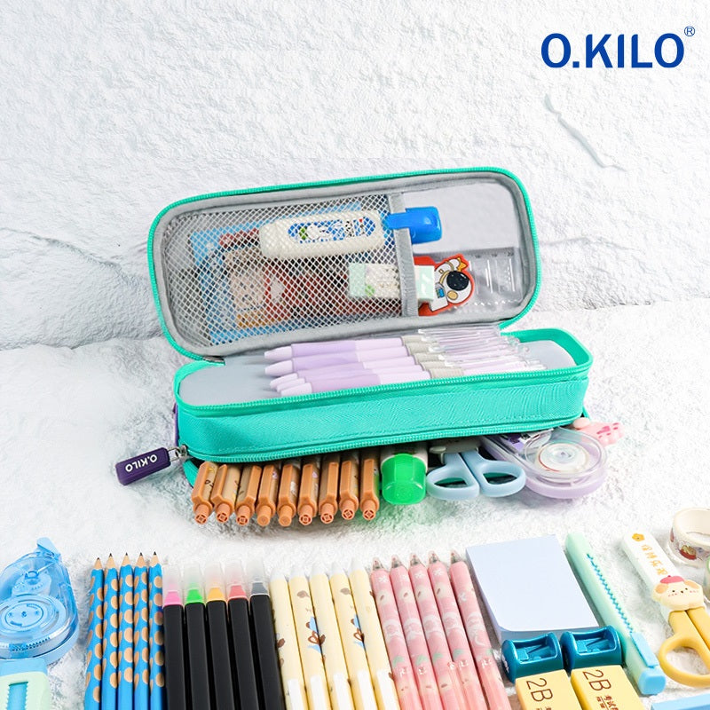 O.KILO Double-Layer Pencil Case Large Capacity Student Stationery Bag