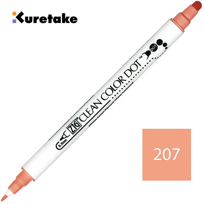Kuretake ZIG Clean Color Dot TC-6100 – 2-Pack | Dual-Tip Dot & Brush Watercolour Marker | Journal / Illustration / Hand-Lettering | Japan Kuretake 207 Coral Pink