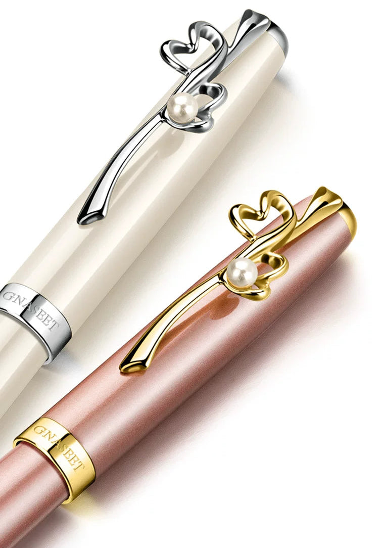 GNASEET Metal Rollerball Pen Gift Set for Women – Gold & White Barrel | Heart / Clover / Butterfly / Rose Clip