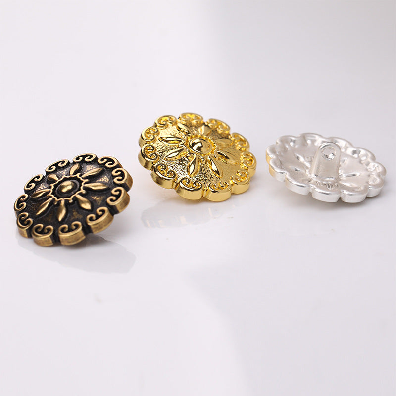 Domed Lace Floral Pattern Metal Shank Buttons – 20Pcs (Antique Gold / Frosted Silver)