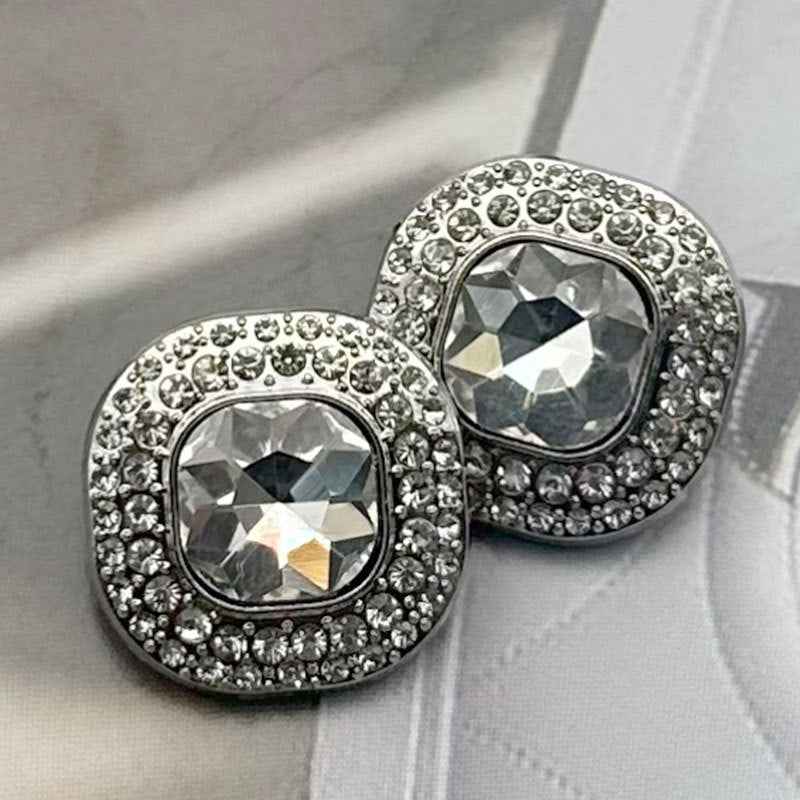 32L (20mm) Square Gemstone-Studded Metal Shank Buttons 12pcs Silver White