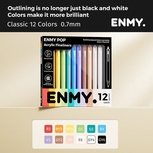 ENMY Rainbow Retractable Acrylic Liner Pen Set | Colored Gel Pens 0.7mm 12 Colors