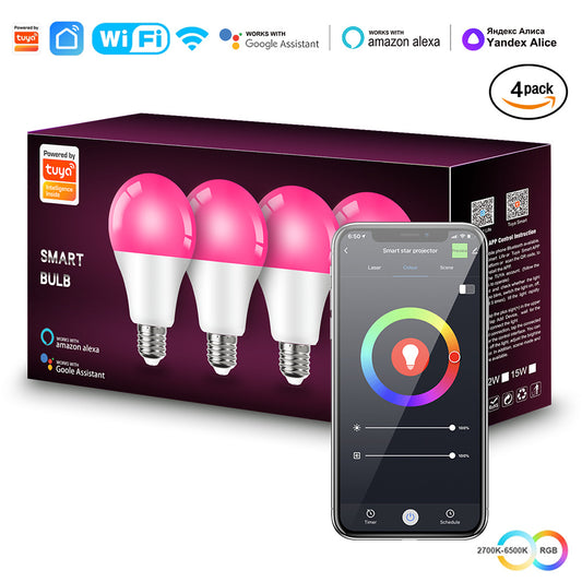 Tuya Smart LED Bulb E27 9W, WiFi & Bluetooth RGB Color Changing Light 4 Pack