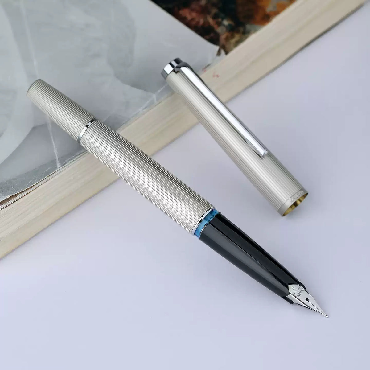 MAJOHN B32 Slim Piston Fountain Pen | Metal Stripe Barrel | Flexible Iridium F Nib 0.5mm Grey