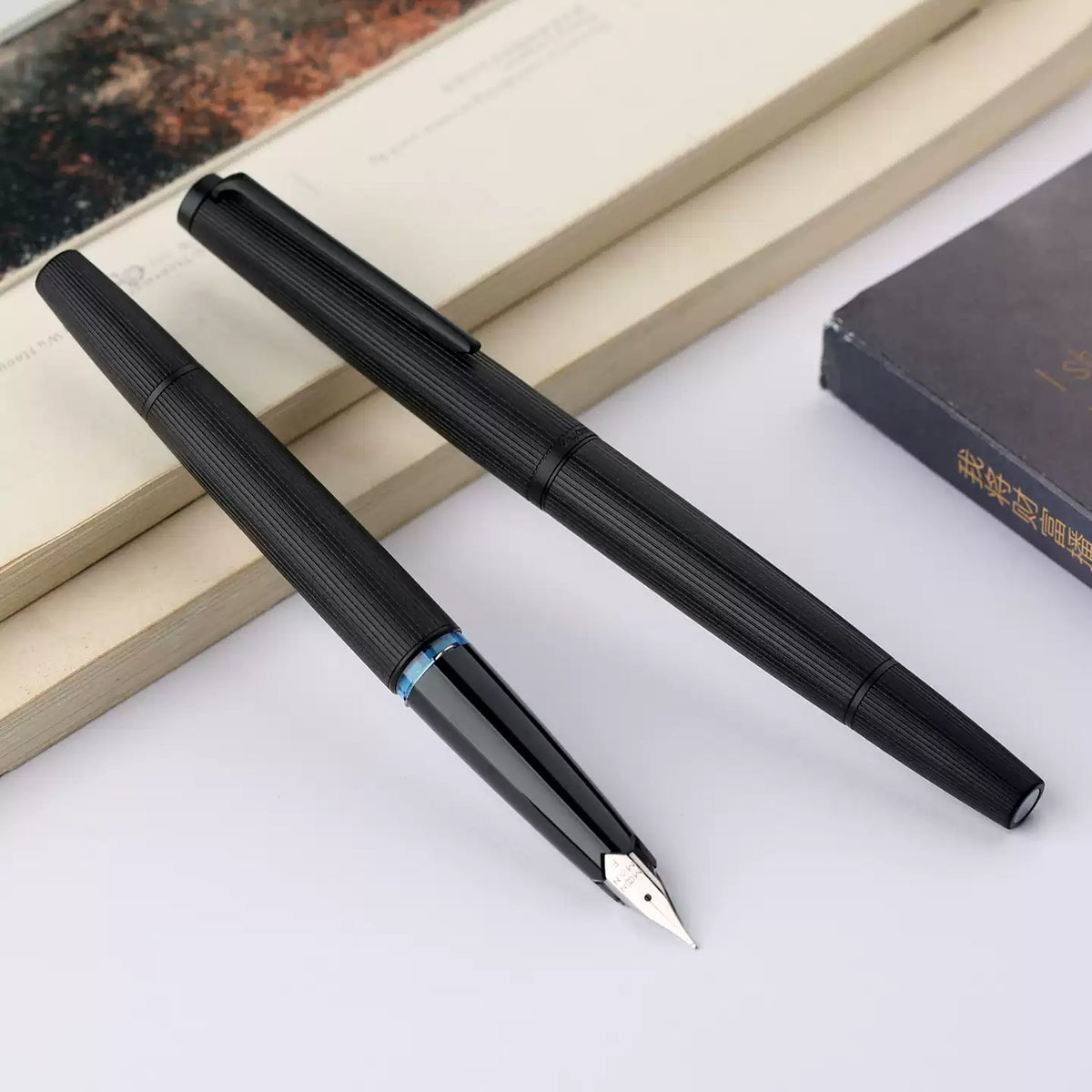 MAJOHN B32 Slim Piston Fountain Pen | Metal Stripe Barrel | Flexible Iridium F Nib 0.5mm Black