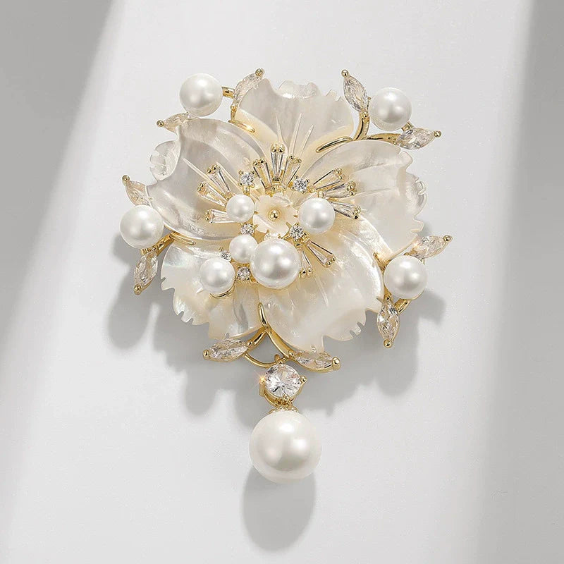 Camellia Shell Pearl Zircon Pin, Floral Brooch for Apparel