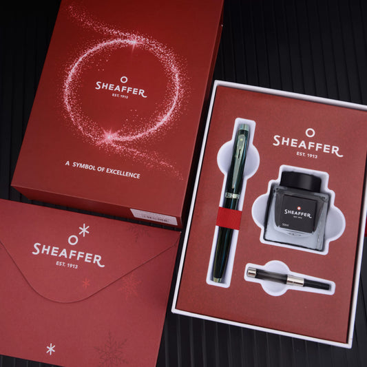 Sheaffer 100 Fountain Pen Gift Set – Fine Nib (~0.5mm), White Clip, Converter & Ink Included | All-Steel / Black Lacquer / Blue Lacquer Black Lacquer