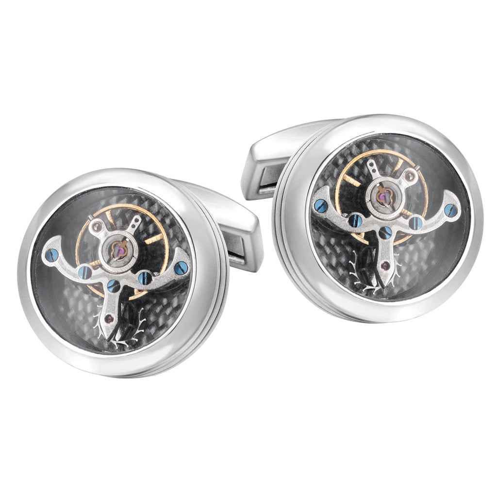 Luxury Tourbillon Watch Movement Cufflinks for Steampunk Men Silver