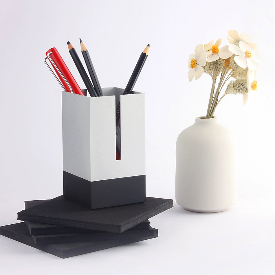 Square Aluminum Pen Holder - Black & White Dual-Tone Desktop Organizer