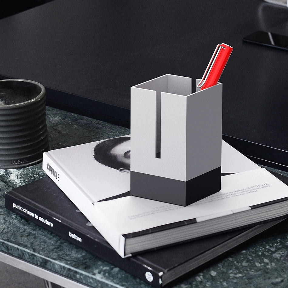 Square Aluminum Pen Holder - Black & White Dual-Tone Desktop Organizer