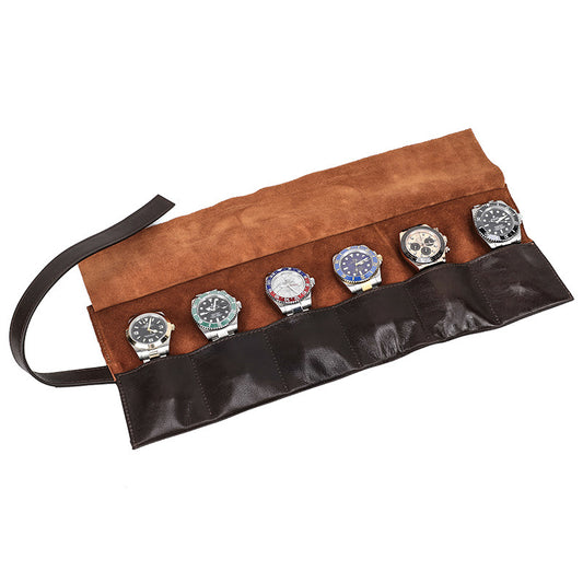 6-Slot Leather Watch Roll Full-Grain Wax Oil Cowhide Travel Watch Case